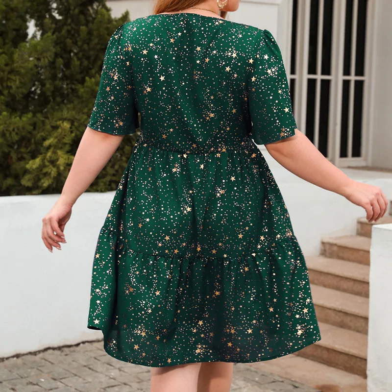 Womens Star Gilded Printing Short Sleeve Summer Plus Size Square Collar Pullover Loose Evening Party Elegant Knee-Length Dresses