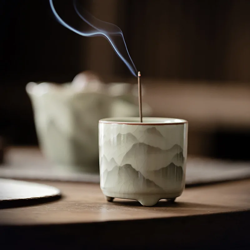 Mountain Flower Ru Kiln Porcelain Fragrance Insertion Holder Chinese Incense Tray Seat Line Burner Stand Tea Set Accessories