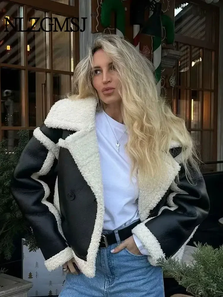 

Nlzgmsj TRAF 2024 Woman Pocket Double Sided Short Jacket Coats Fashion Zipper Vintage Autumn Winter Causal Slim Tops