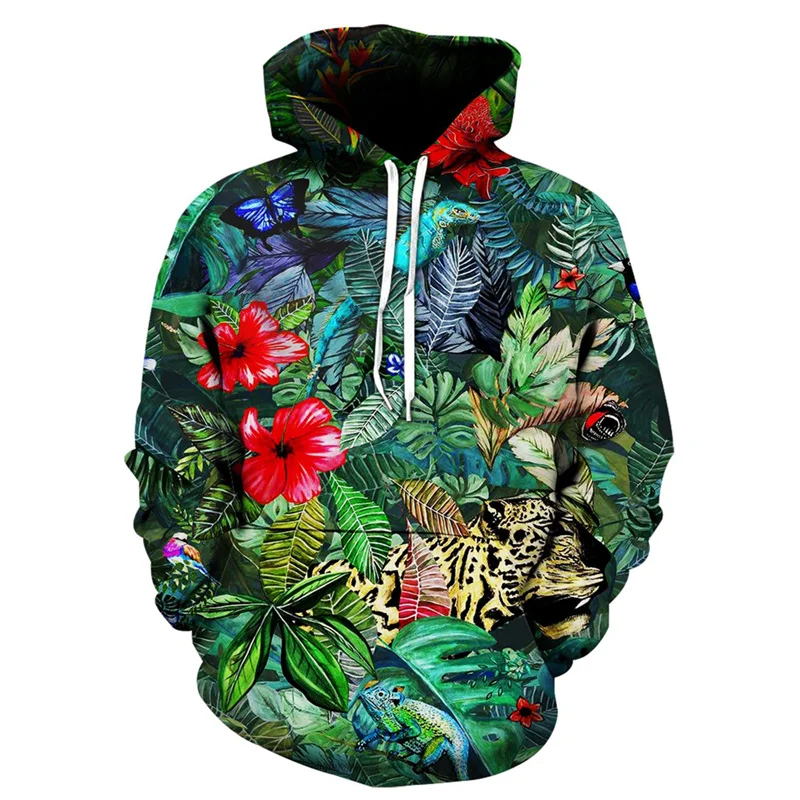 Sudadera con capucha con estampado 3D de flores y hojas para hombre, sudaderas de moda de manga larga con estampado de plantas coloridas, sudaderas de gran tamaño