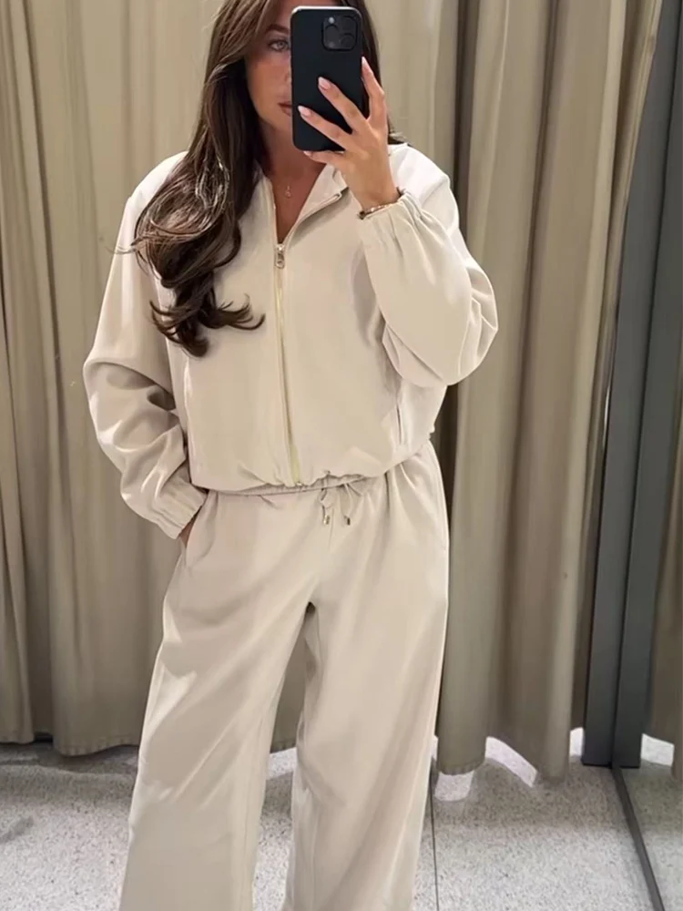 Women Casual Sweatshirt Pant Suit Long Sleeve Hooded Zipper Coats With Pocket Loose Straight Trousers Ladies Solid Sets