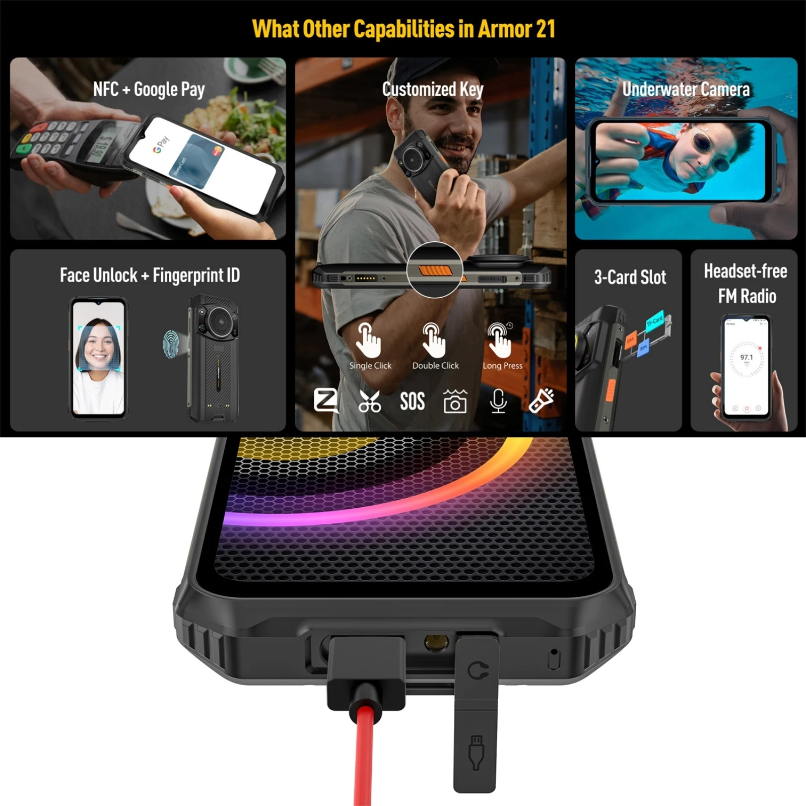 Ulefone Armor 21 Rugged Phone Night Vision 8GB+256GB 6.58 inch Android 13 Helio G99 NFC Google Play 4G Cellphone