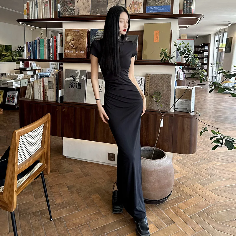 Solid Button Hollow Out Slit Bodycon Short Sleeve Women'S Dresses Long Streetwear Casual Outfit Summer Fashion