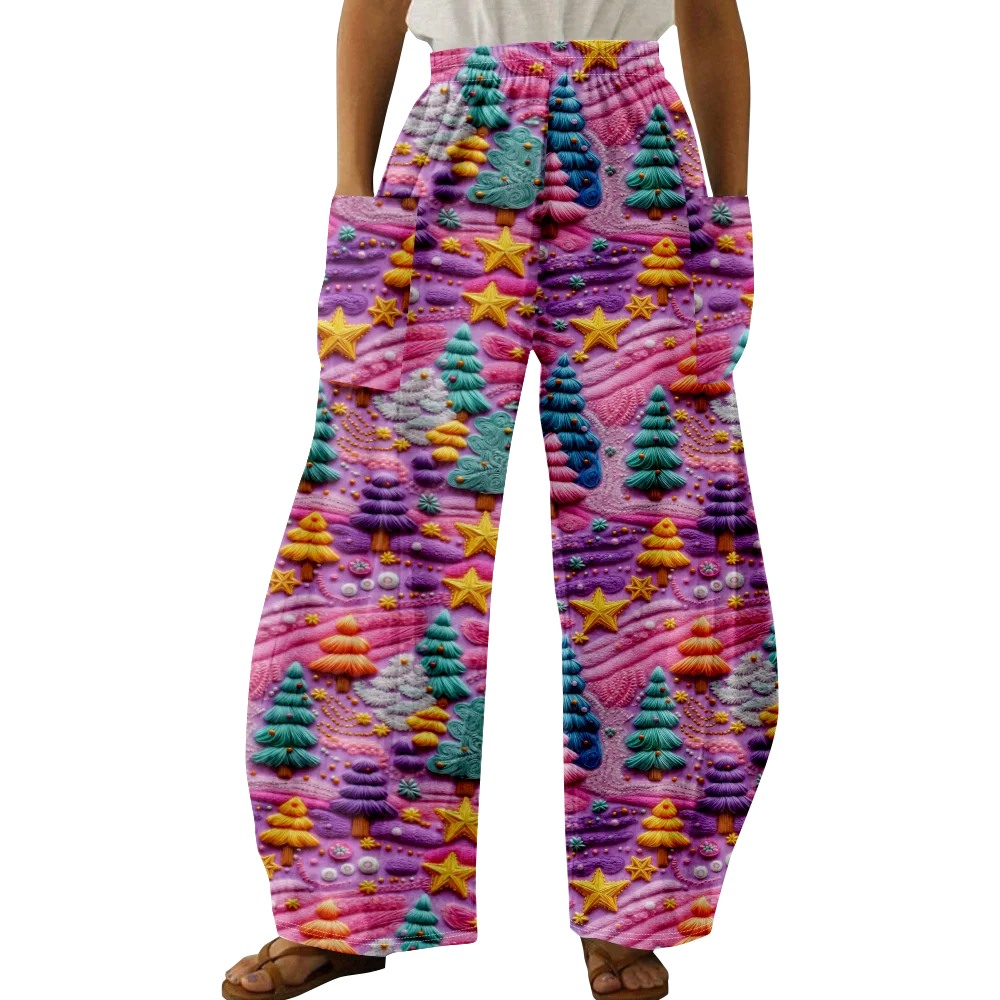 Spring Christmas Tree Print Pants Summer Casual Pocket Trousers Women Harajuku Y2K Trousers Loose Wide Leg Pants Chic Pantalon