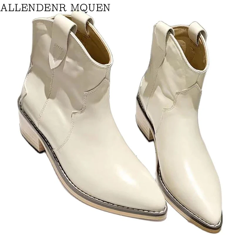 

Western cowboy full leather short boots women's winter retro pointed toe thick heel all-match Chelsea boots