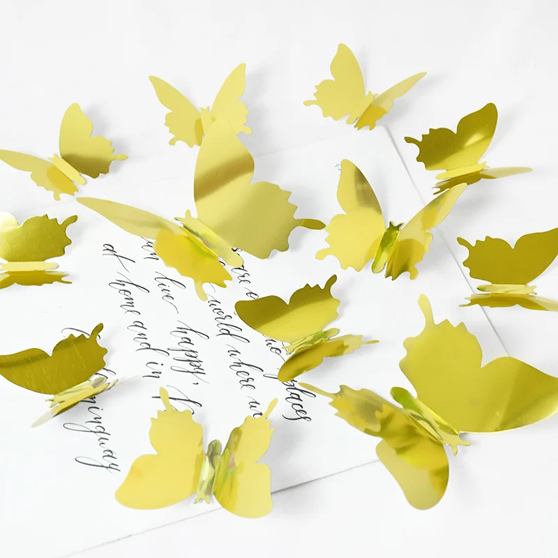 12Pcs/set Mirror Wall Stickers 3D Butterfly Wall Decal Art for Kids Room Home Wall Decoration Fridge Sticker Wedding Party 