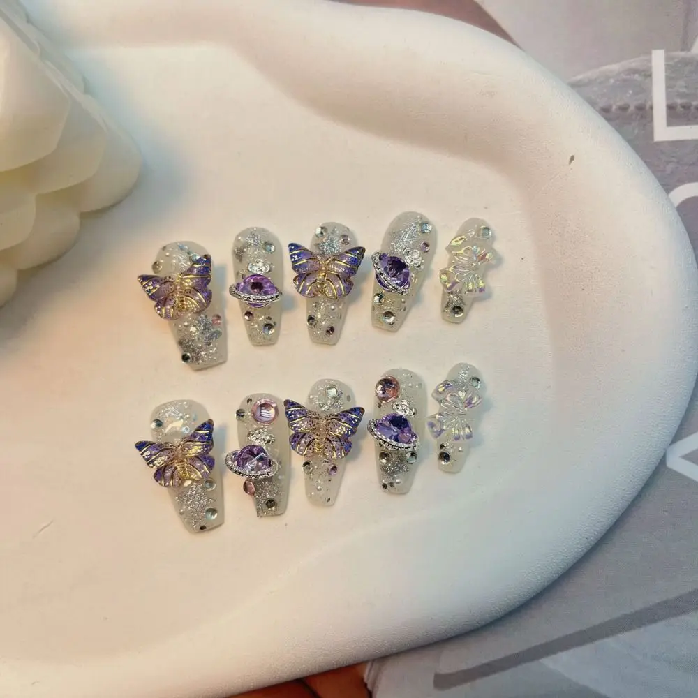 3D 나비 순수 수동 가짜 네일, 도구 상자 포함, 프레스 네일 풀 커버, 보라색 오로라, 수제 손톱, 여성 소녀, XS S M L