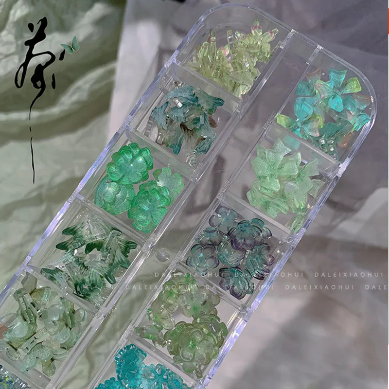 12 Grids Jade Green Nail Decoration Flowers Mixed Nails Accessories Butterfly Nails Drill Goldfish Transparent Floral Ornaments 2