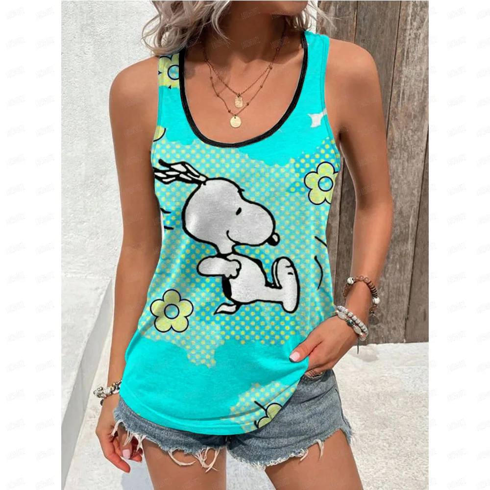 thumbnail image 1 of Camisetas sin mangas para mujer, cuello en U, básicas, con estampado de dibujos animados de Snoopy, informales, negras, sin mangas, estilo playero para vacaciones de verano para mujer, 1 of 5