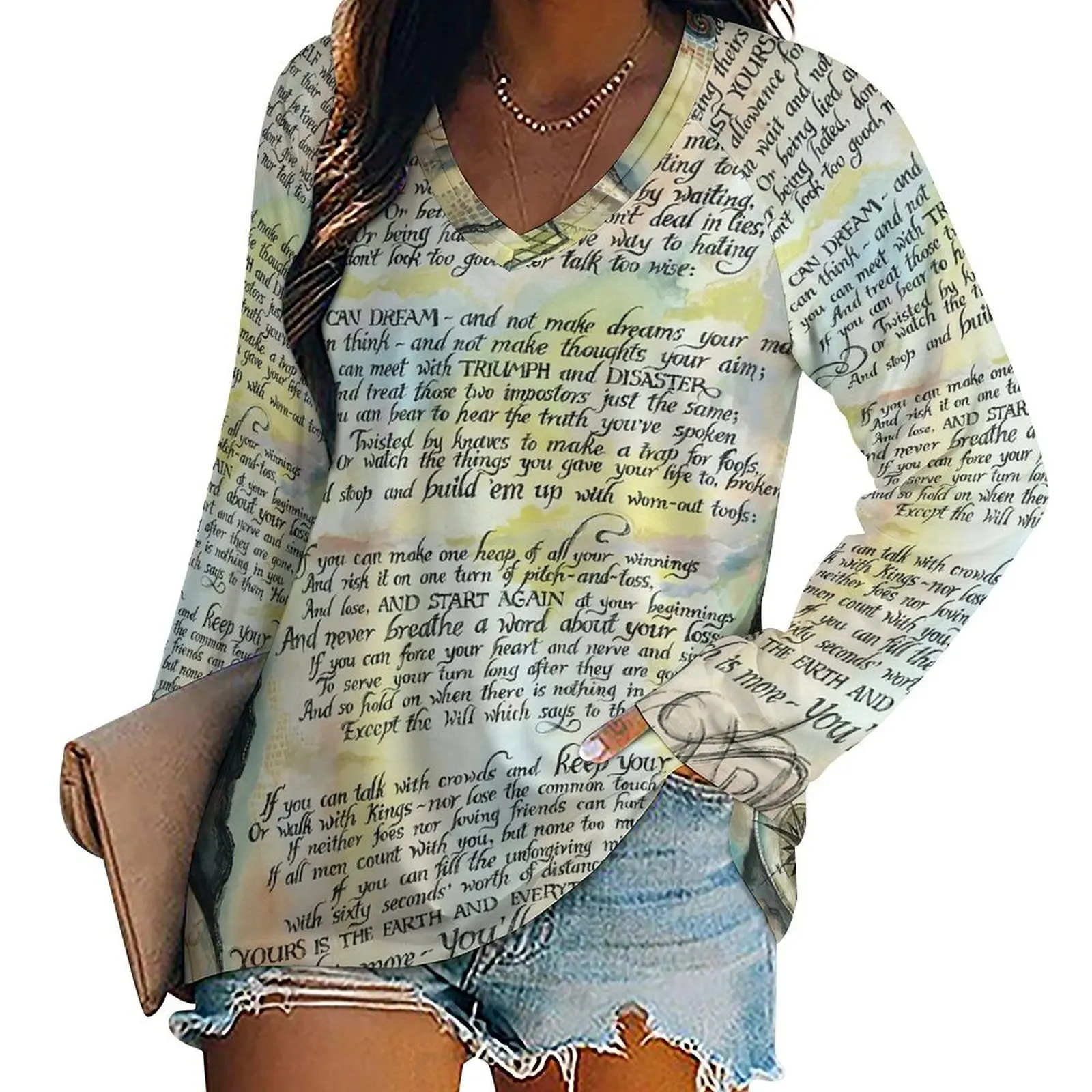 

Women's T-shirts Long Sleeve Loose Tee Print Fashion Calligraphy of The Poem "IF" by Rudyard