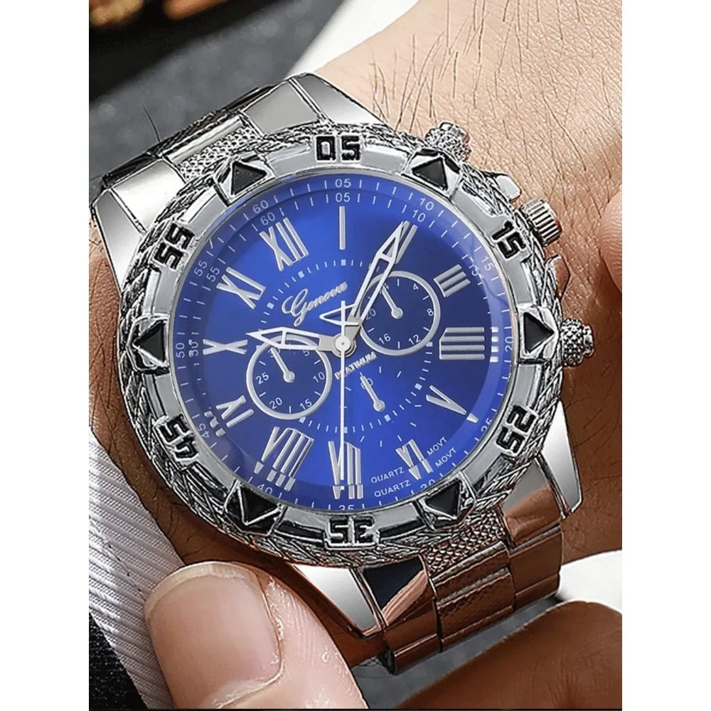 2-piece men's fashionable large dial watch set with steel strap and quartz watch for men
