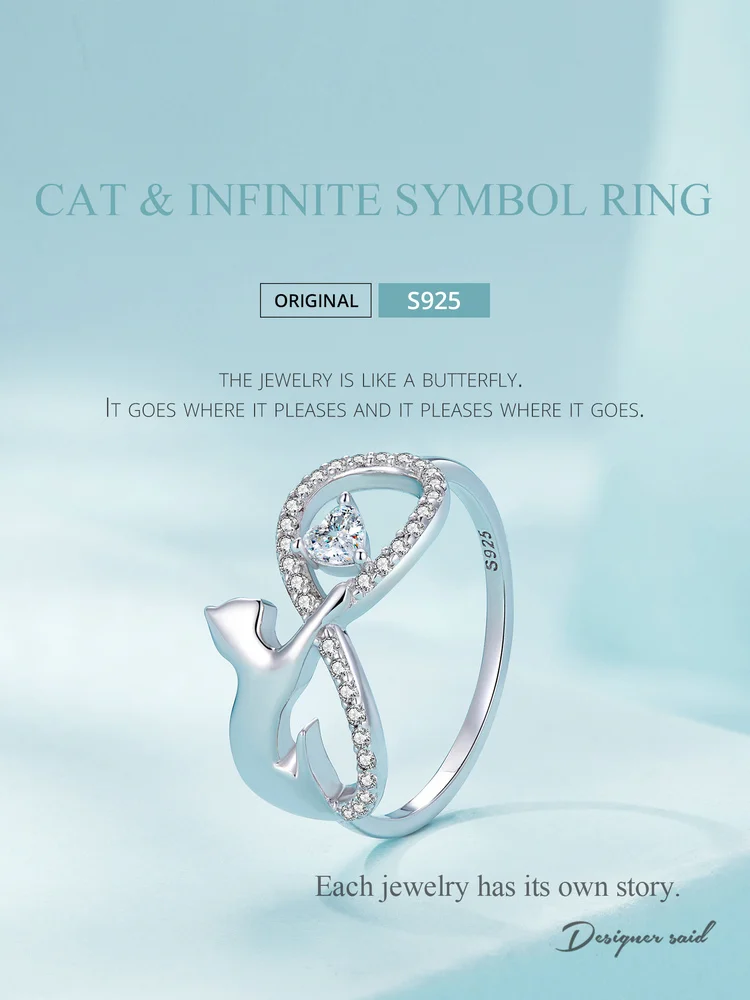 Sterling Silver Cat & Infinite Symbol Ring Heart-shaped Zircon Finger Ring for Women Party Fine Jewelry - PeticaDeals