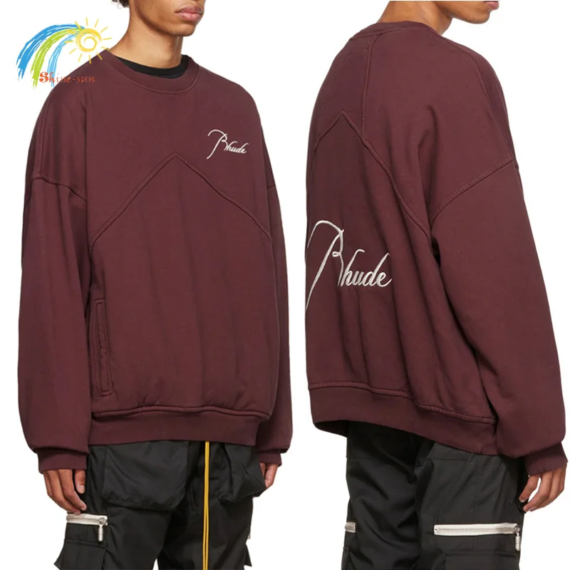 

Streetwear Oversized Wine Red RHUDE Pullovers Best Quality Cotton Classic Logo Embroidered Rhude Sweatshirts Vintage Hoodie