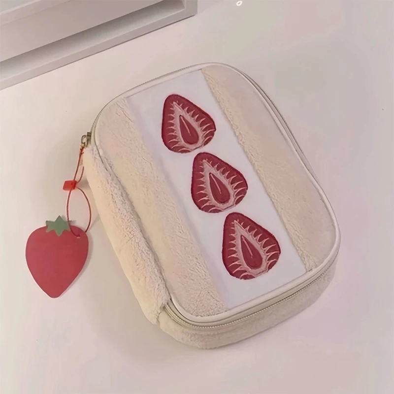 새로운 자수 딸기 연필 케이스 휴대용 문구 펜 박스 다기능 대용량 메이크업 보관 가방