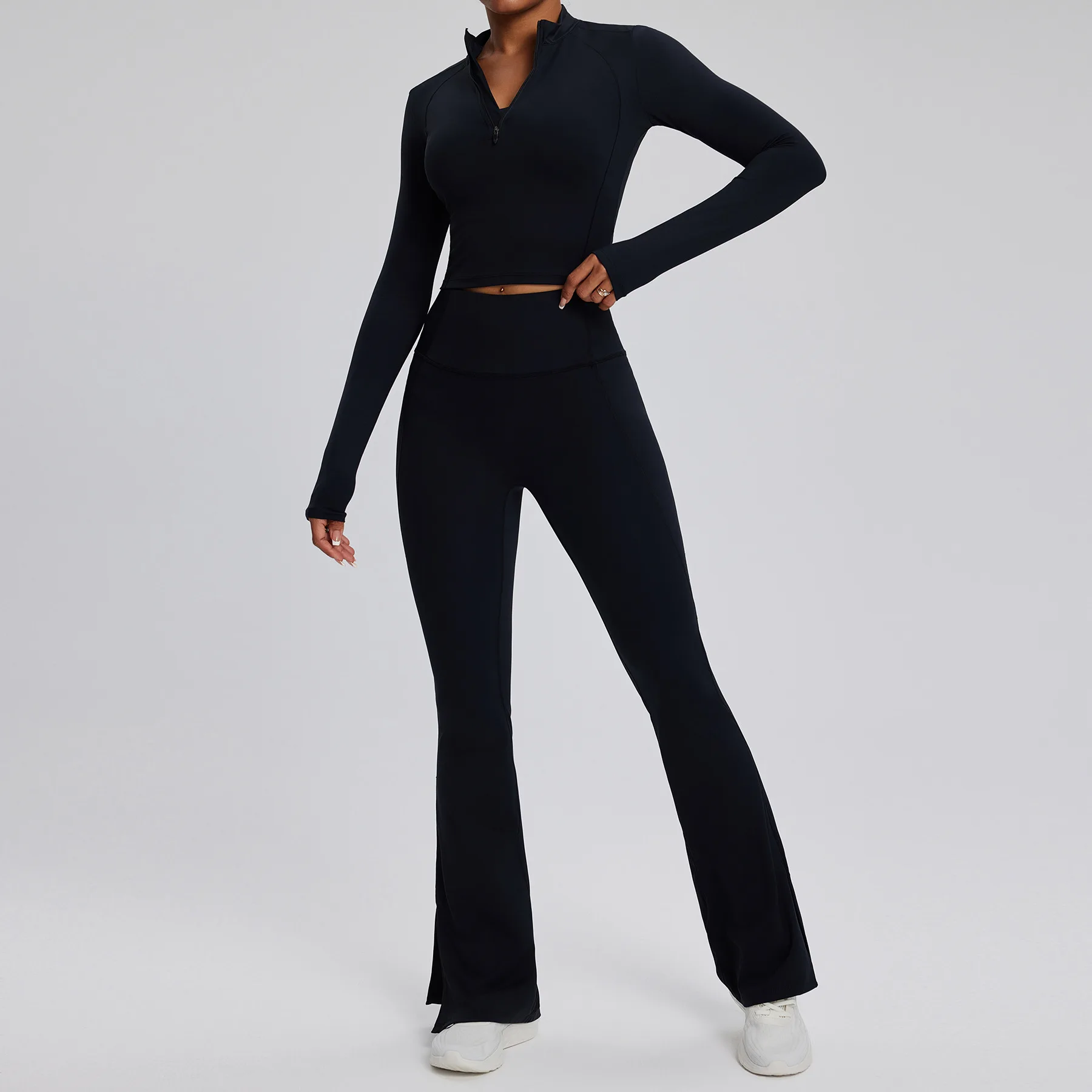 Women's Yoga Suit Tight Fitting Sports Set Workout Breathable Fitness Bra Gym Long Sleeve Crop Top Bell-bottoms Leggings 2pcs sports bra set,gym workout set,yoga pants set,yoga set,fitness set,sportswear set,sports set