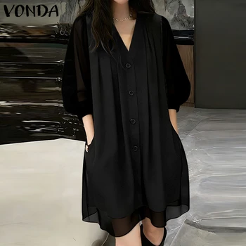VONDA Summer Women Dress Half Sleeve See-through Summer Female Dresses Fashion Solid V Neck Vestidos OL Work Party Streetwear 1