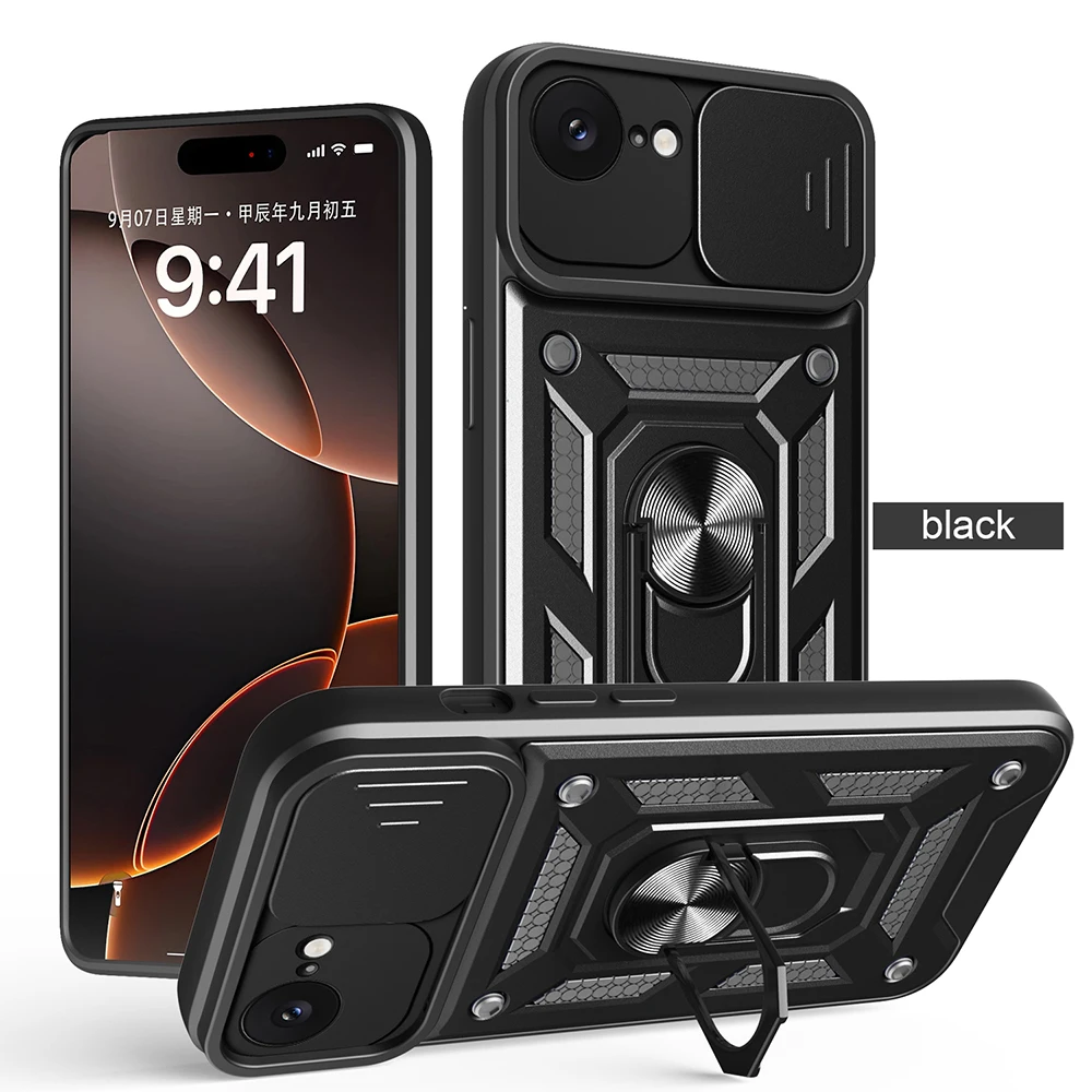 Dual-Layer Ring Kickstand Armor Case with Slide Lens Protection