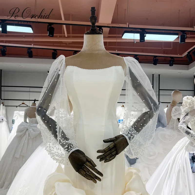 

PEORCHID Pearls Tulle Sleeves Detachable Wedding Sleeves Elegant Long Fingerless Beaded Brides Sheer Gloves Mariage Accessoires