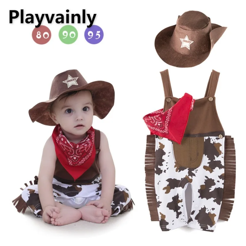 

New Summer Baby Boy Set Square Collar Sleeveless Tassel Strap Open Back Rompers+Bibs+Cowboy Hat Fashion Children Clothes E13175