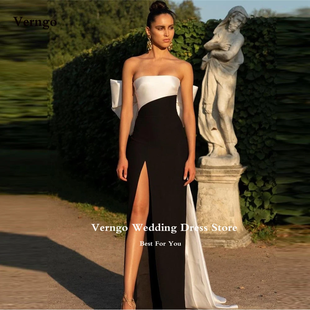 

Verngo Sexy Black And White Simple Evening Dresses Arabic Women Strapless Big Bow Back Celebrity Formal Party Dress Prom Gowns