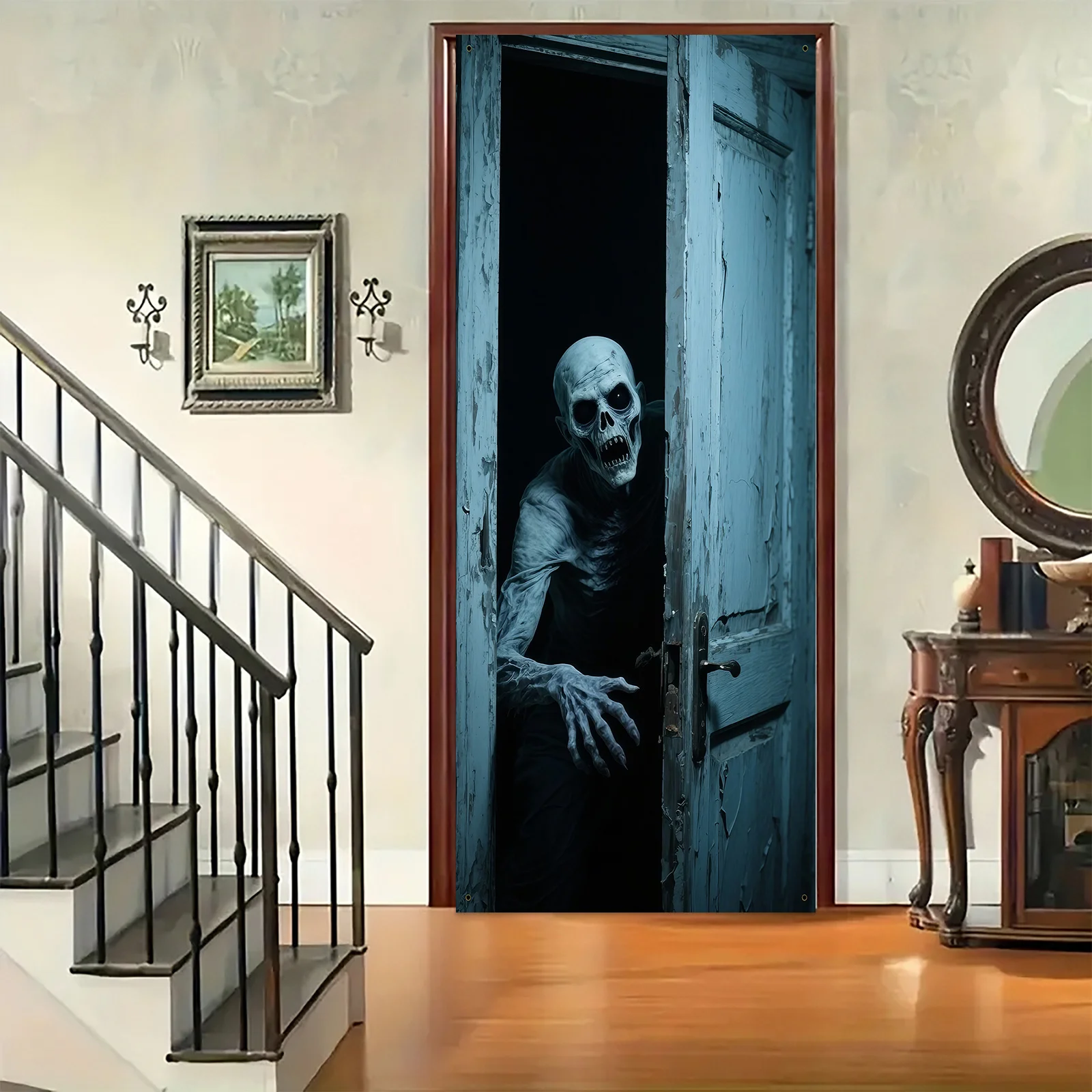 Halloween Zombie Türvorhang – Eerie 2D Eingangsdekoration, faules Zombie-Design, Polyestermaterial, Halloween-Dekoration