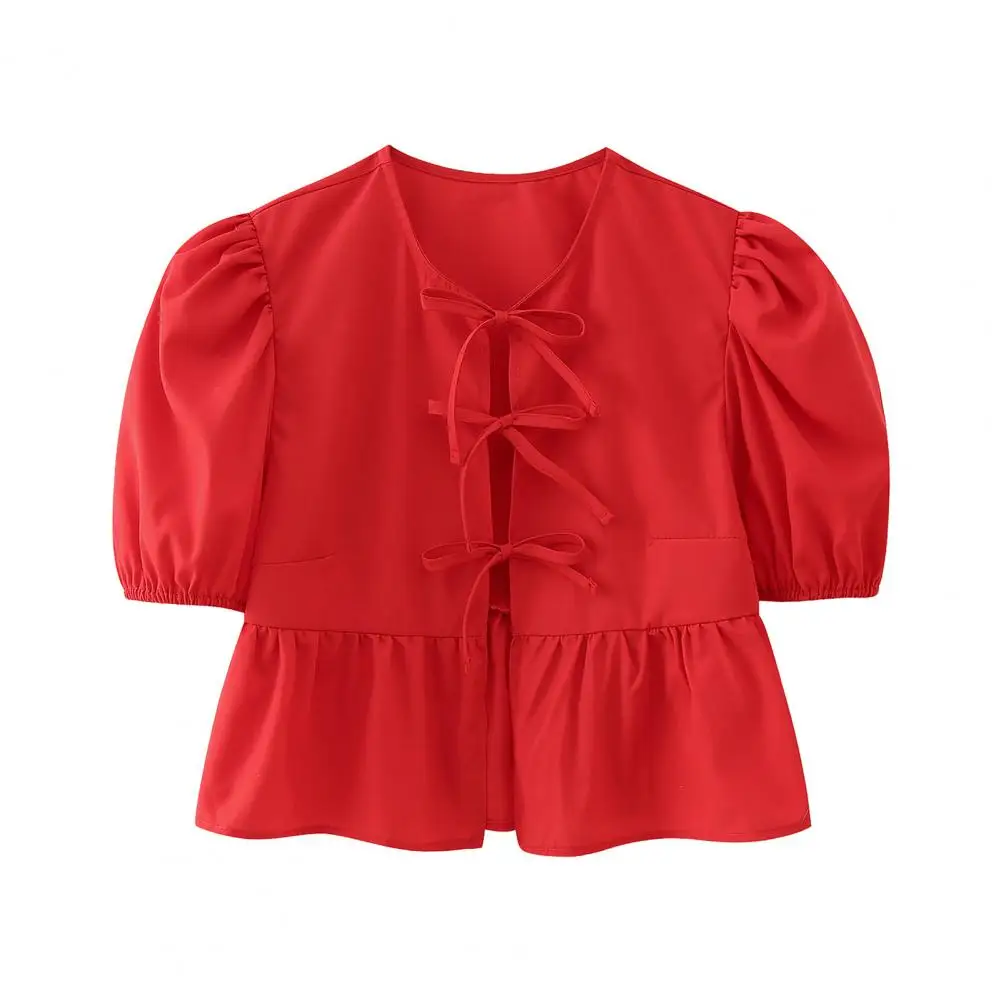 

Women Sweet Pleats Puff Sleeve Bow Tied O-neck Pullover Tops Ruffle Hem Back Lace-up Thin Tees shirts & blouses blusas