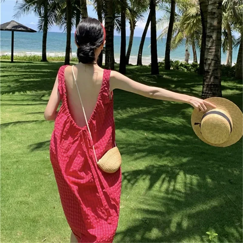 

2024 New Sexy Women Backless Beach Dress Summer Elegant Chic Cotton Loose Rose Red Vacation Y2K Lace Up Long Kawaii Clothing