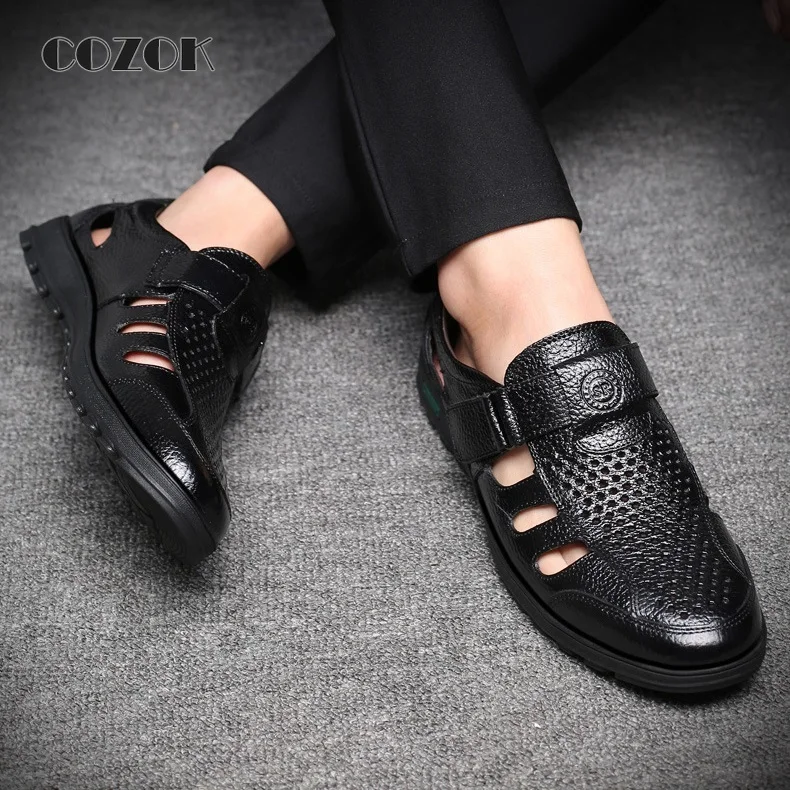 Men's Leather Shoes Sandals Breathable Hollow Mens Soft Sole Toe Cap Hole Leather Sandals Men Shoes
