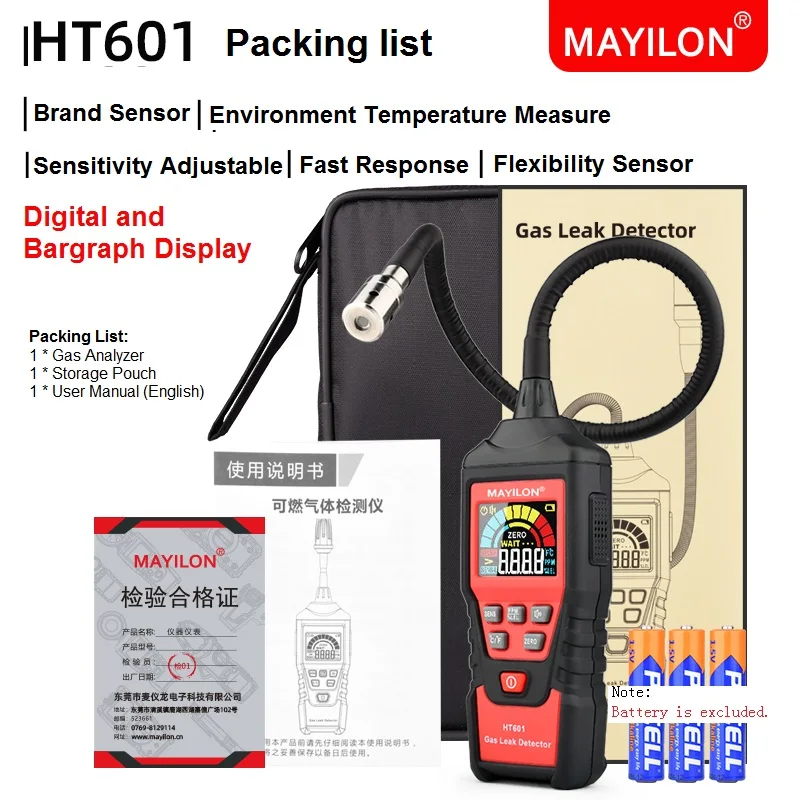 HT601B Plus Combustible Gas Leak Detector - 9999 PPM / 20% LEL Meter, Li-Ion Battery, Portable Analyzer