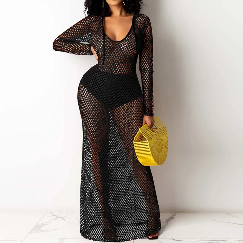 Sexy Fishnet See Through Beach Dress Women Mesh Hollow Out Beach Cover Up Long Sleeve Hooded Dress Seaside Lady Beach Vestidos