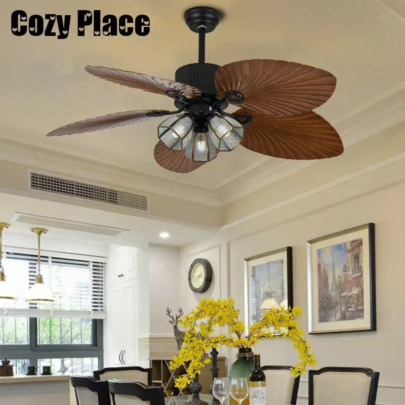 

Tropical Ceiling Fan with Light LED Reversible Room Decor 52" Fan Lamp Hall Chandelier Living Room with Remote Control Low-noise