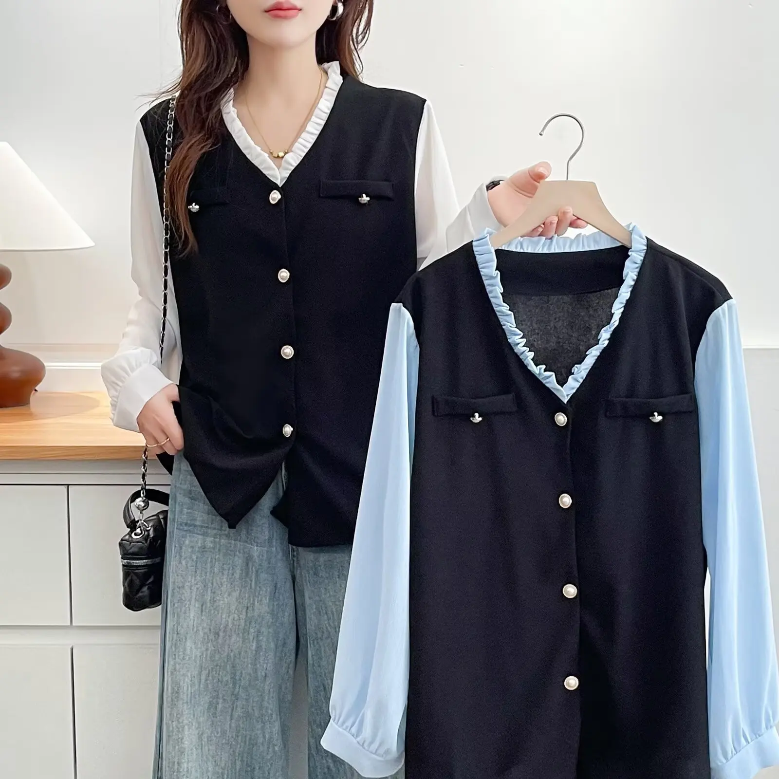 XXXXL Fashion Plus Size Women's Shirt 2025 Autumn New Style Casual V-neck Lace Fake two-piece Shirt 2505