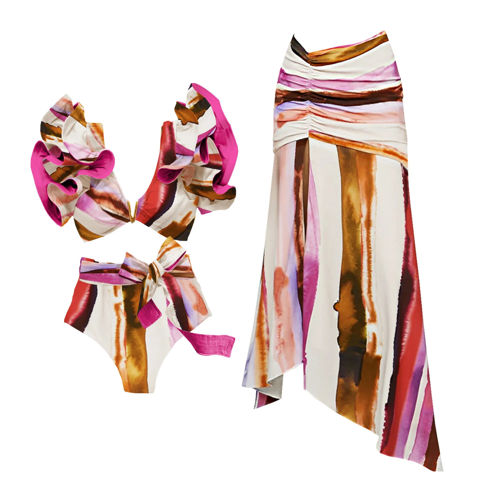 2025 High Quality Sexy Bikini Set Floral Brazilian Biquini Shoulder Ruffle Bikini Swimwear Women Swimsuit Solid Monokini Beach 2