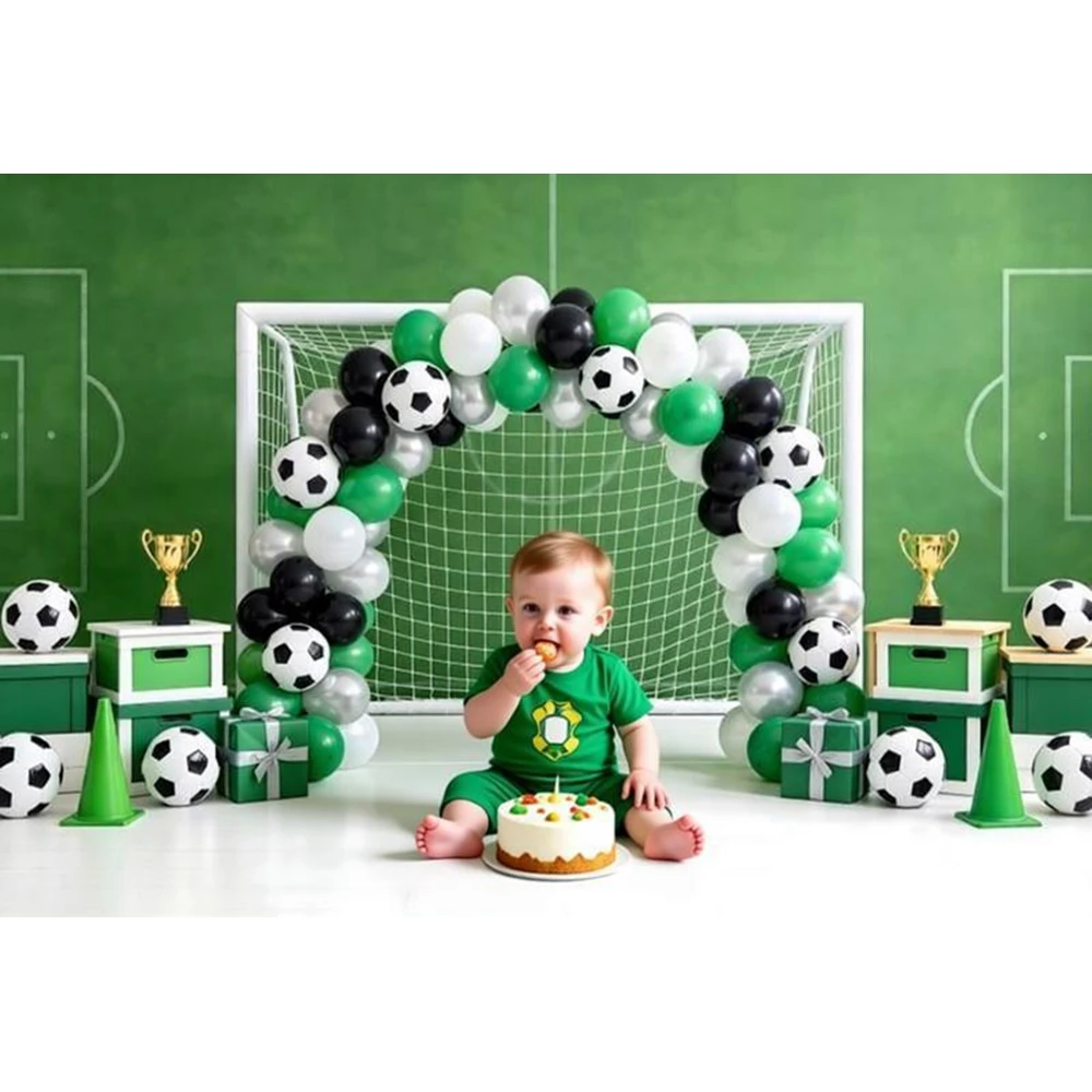 축구 테마 배경 녹색 풍선 축구 트로피 축구 골대 베이비 샤워 어린이 생일 파티 장식 사진 배경