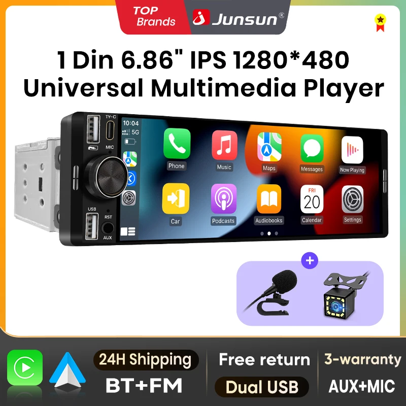 Junsun 1 Din 6.86'' Radio de Coche con CarPlay Inalámbrico y Android Auto, Reproductor Multimedia MP5 Estéreo FM, BT, SWC, USB, Unidad Principal Universal 1