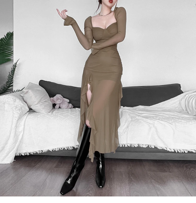 Sexy High Slit Bodycon Midi Dresses for Women Square Collar Long Sleeve Slim Evening Party Dress Club Prom Robe Y2K Vestidos New