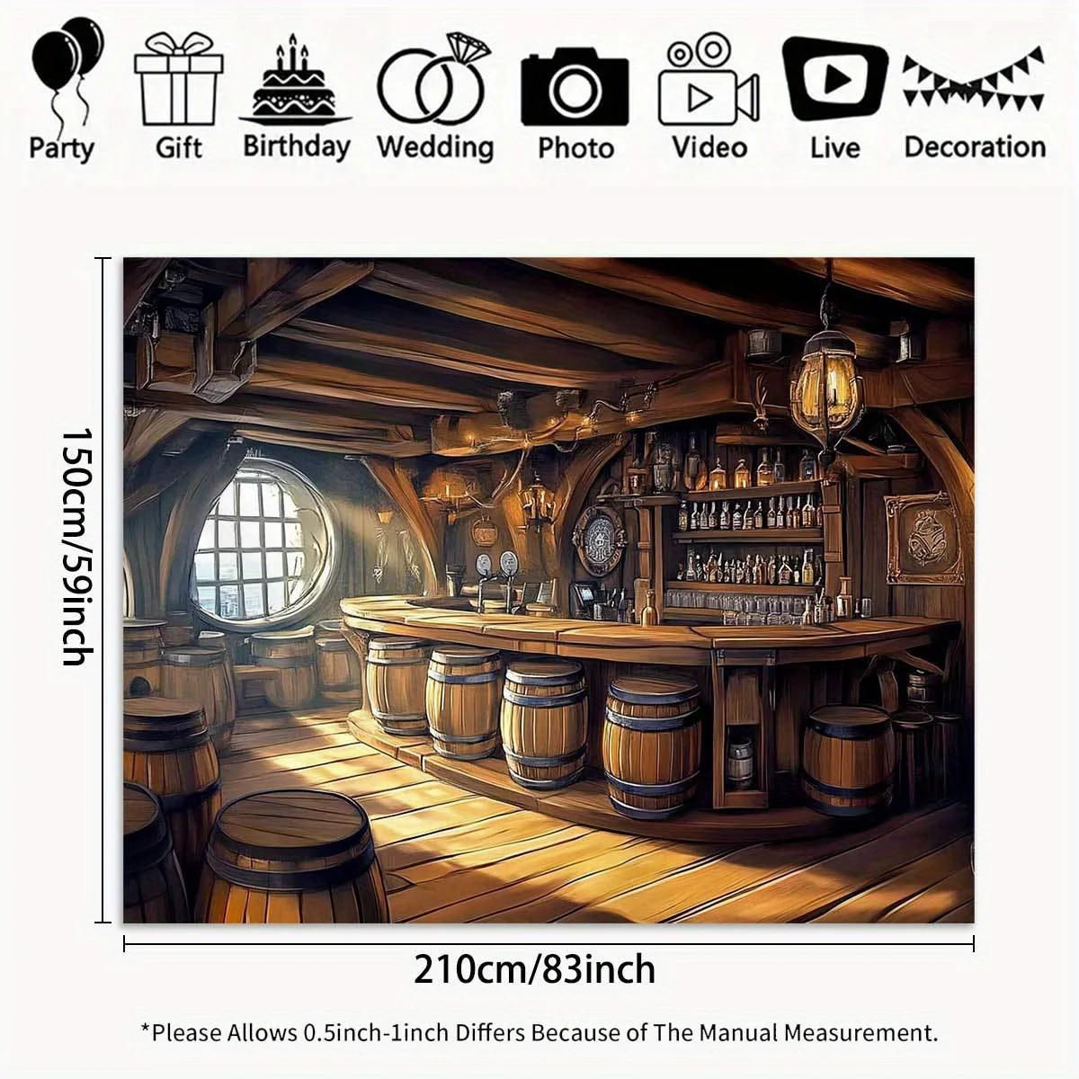 1 x Polyester-Fotografie-Hintergrundbanner, Piratenbar, Retro-Stil, Bar-Innenraum und Fass-Party-Hintergrundtuch – Detail 2
