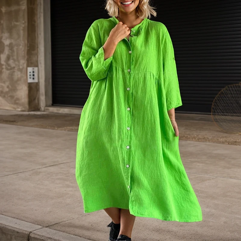 Casual Dress For Women Spring Autumn New Long Sleeve Button O-neck Loose Solid Fashion Elegant Commute Female A-line Dress - 4