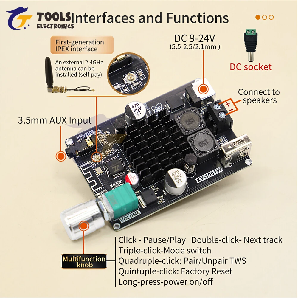 XY-1001W TPA3116 Bluetooth Audio Amplifier Board Module DC 9-24V