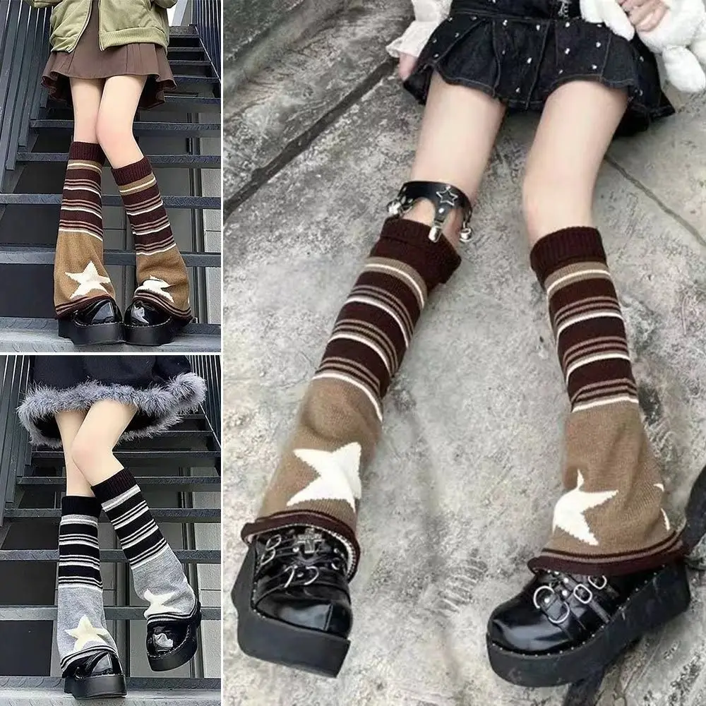 Lolita Pink Brown Star Leg Warmers Knitted Keep Warm Japanese JK Leg Socks High Tube Socks Gift
