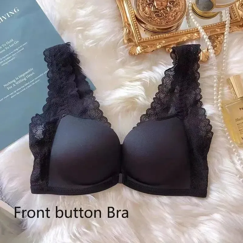 Women Front Button Bra Camisole Underwear Lace Shoulder Strap Breathable V Neck Gather Up Soft Comfortable Casual