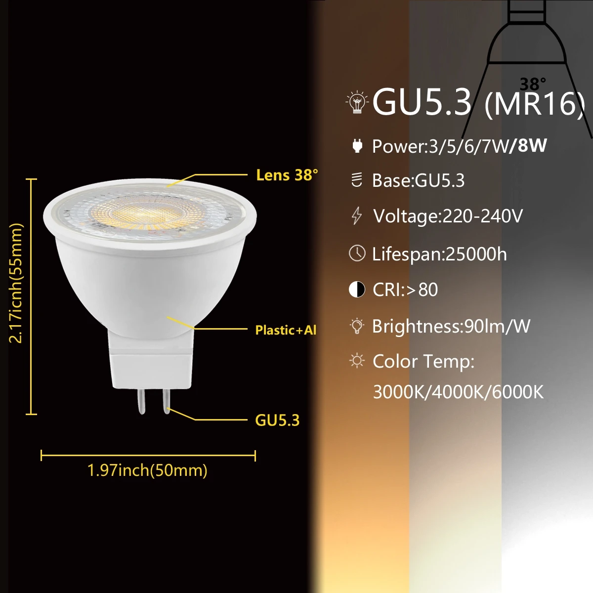 1-10PCS GU10 MR16 LED 램프 스포트라이트 전구 38도 램프라라 AC220V 120V 3W-8W 봄빌라스 LED MR16 람파다 스포트라이트 3W 5W 6W 7W