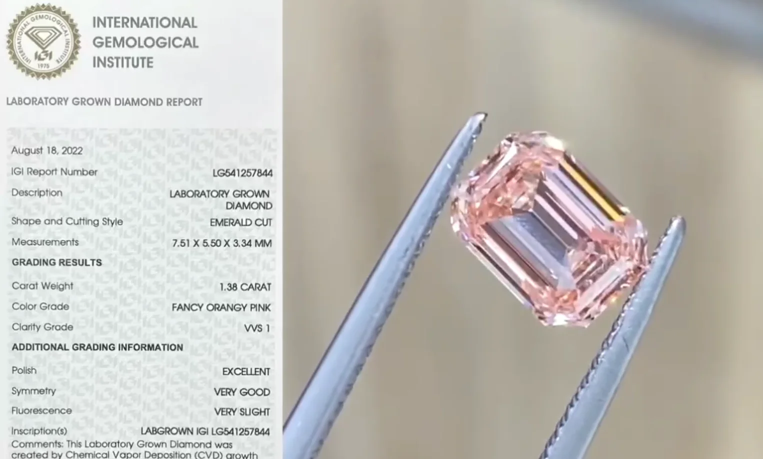CVD Lab Grown Diamond Cherry Blossom Pink Emerald Shape 1.0ct