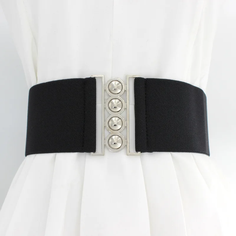 

Women Button Metal Waist Cover Seal Stretch Elastic Corset Waistband For Dress Decorate Party Cummerbunds Buckle 7.5cm Wide Belt