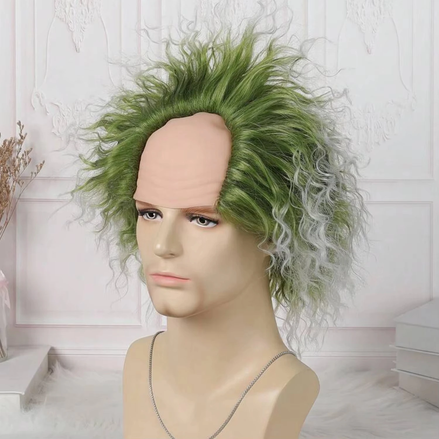 Green wig with bald cap, clown short curly wig, green fluffy wavy wig, party costume wig, Halloween wig, men, synthetic wig