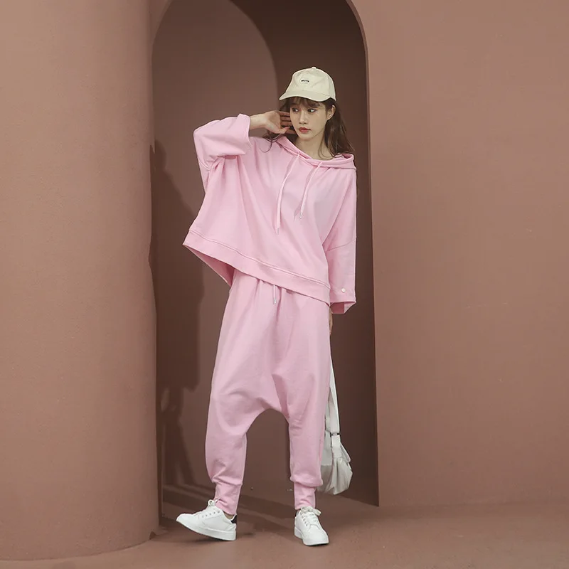 

Solid Color Cotton Two Pieces Sets Summer Casual Hip Hop Cross Sweatpants Ankle-length Joggers Hooded Loose Short Sleeve T-shirt