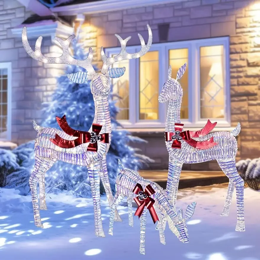 

Outdoors Reindeer Family Light Up Christmas Decorations, Iridescent Deer, 3 Piece with LED Lights, Extension