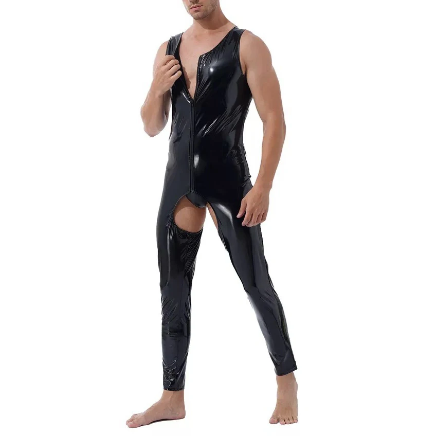

Mens Latex Wetlook Zipper Patent Leather Jumpsuit Crotchless Sexy Sleeveless Bodycon Catsuit Nightclub Bodysuit Dancing Costumes