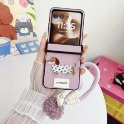 Cartoon Sausage Dog PU Leather Phone Case with Wrist Strap and Hinge Protection for Motorola Razr 70 (Purple)