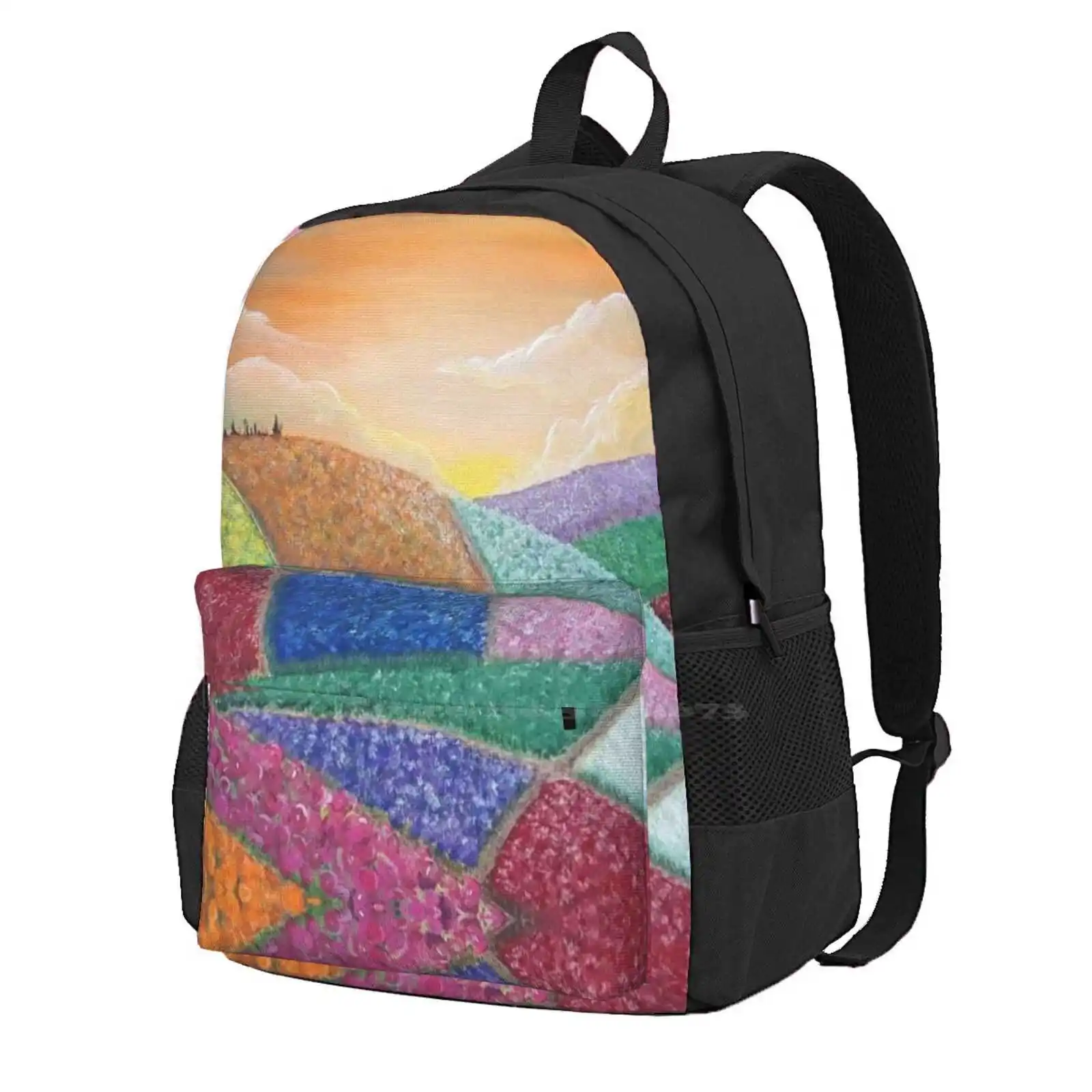 

Tour Through The Tulips Women Men Teens Laptop Travel School Bags Sunset Tulips Flowers Fields Tourist Patchwork Clouds Sky